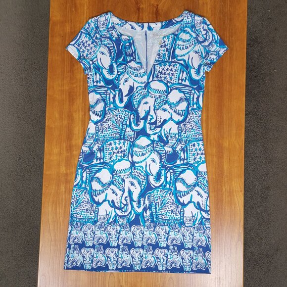 Lilly Pulitzer Blue Aqua White Keep on Trunkin Elephant Print V-Neck Dress - XS - Picture 6 of 9
